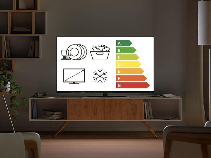 TV-Gerät in Wohnzimmer, Effizienz-Skala auf dem Bildschirm