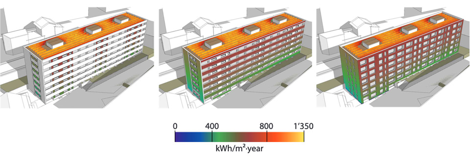 Drei Gebäudevarianten mit unterschiedlich grossen eingefärbten Fassadenflächen