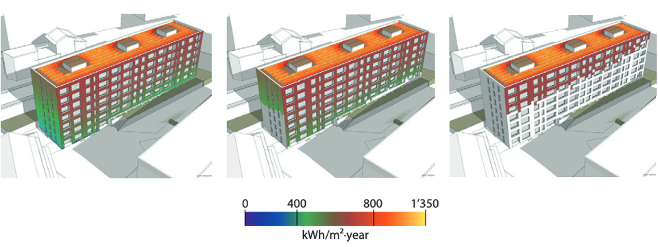 Gebäude mit orange eingefärbtem Dach (hoher Ertrag) und rötlich bis grün eingefärbten Fassadenflächen (tiefere Erträge)